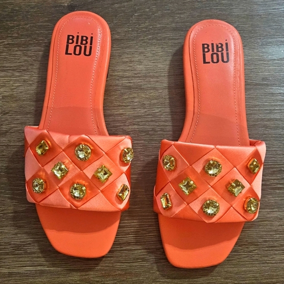 BIBI LOU x Anthropologie satin woven embellished Square toe Orange Sandals - Picture 8 of 16